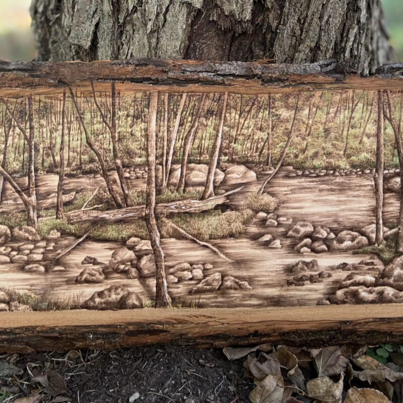 pyrography landscape, woodburned river scene