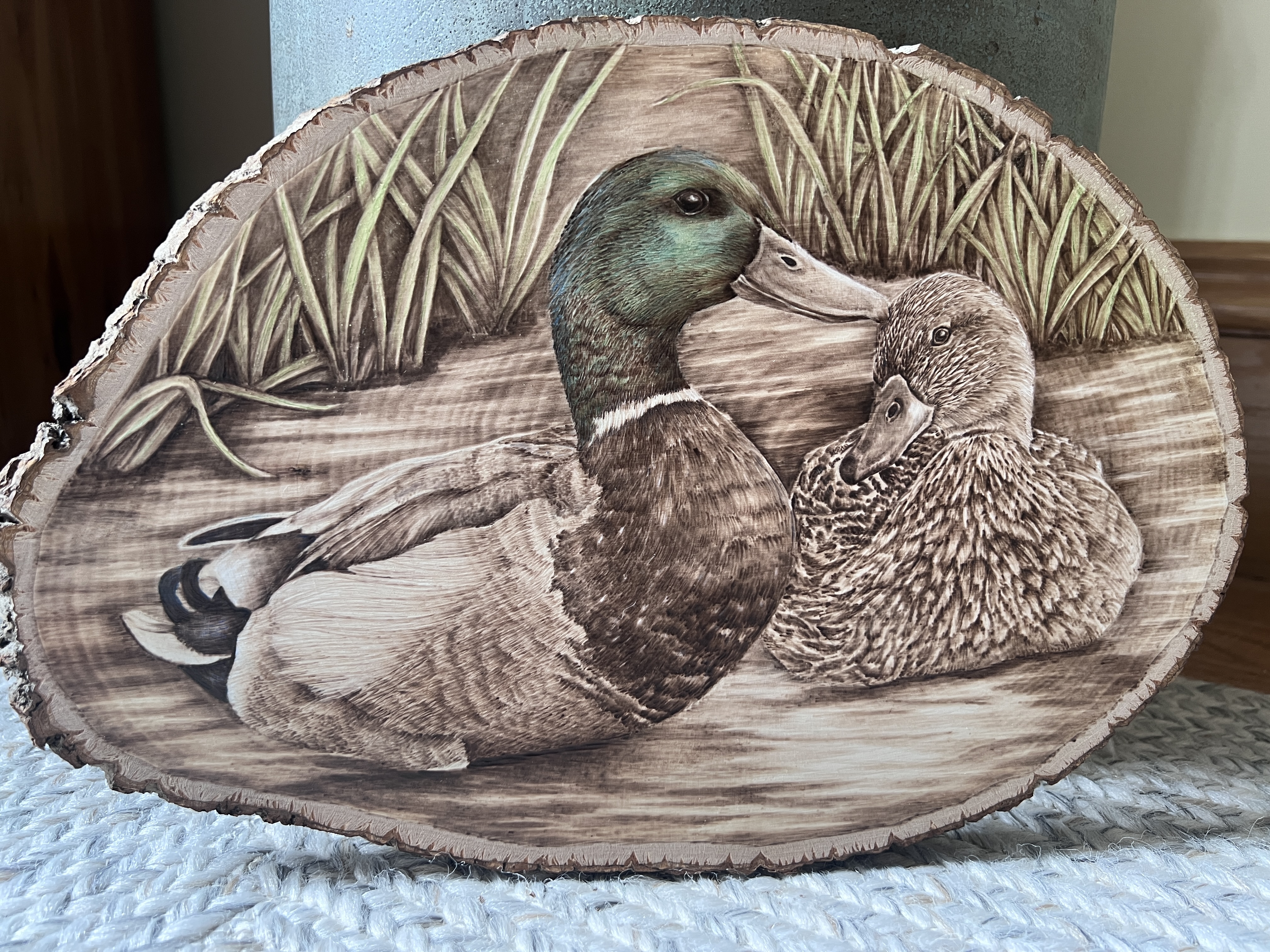 woodburned art, mallard ducks, wood art, pyrography art
