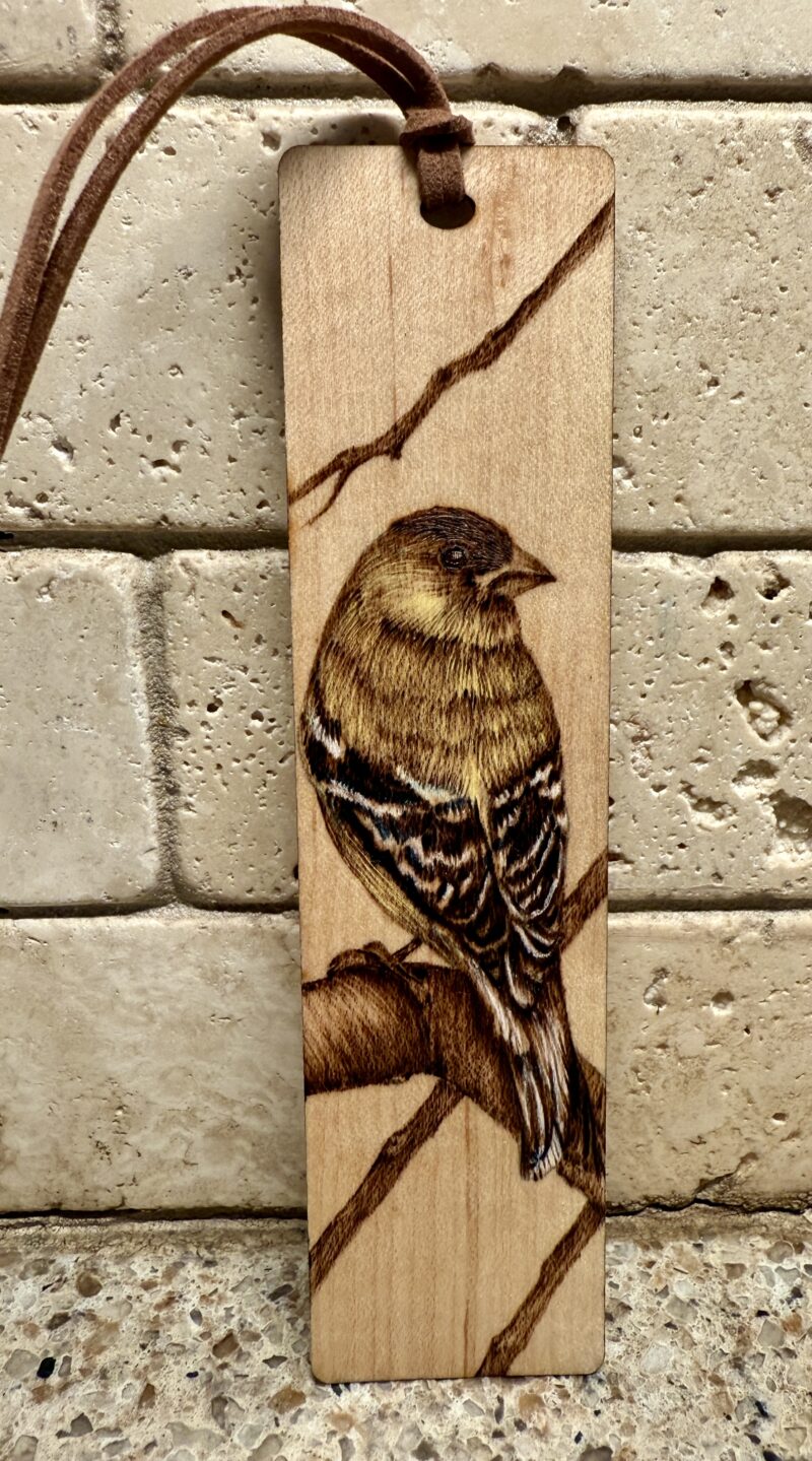 woodburned goldfinch bookmark, bird bookmark, goldfinch bookmark, pyrography art