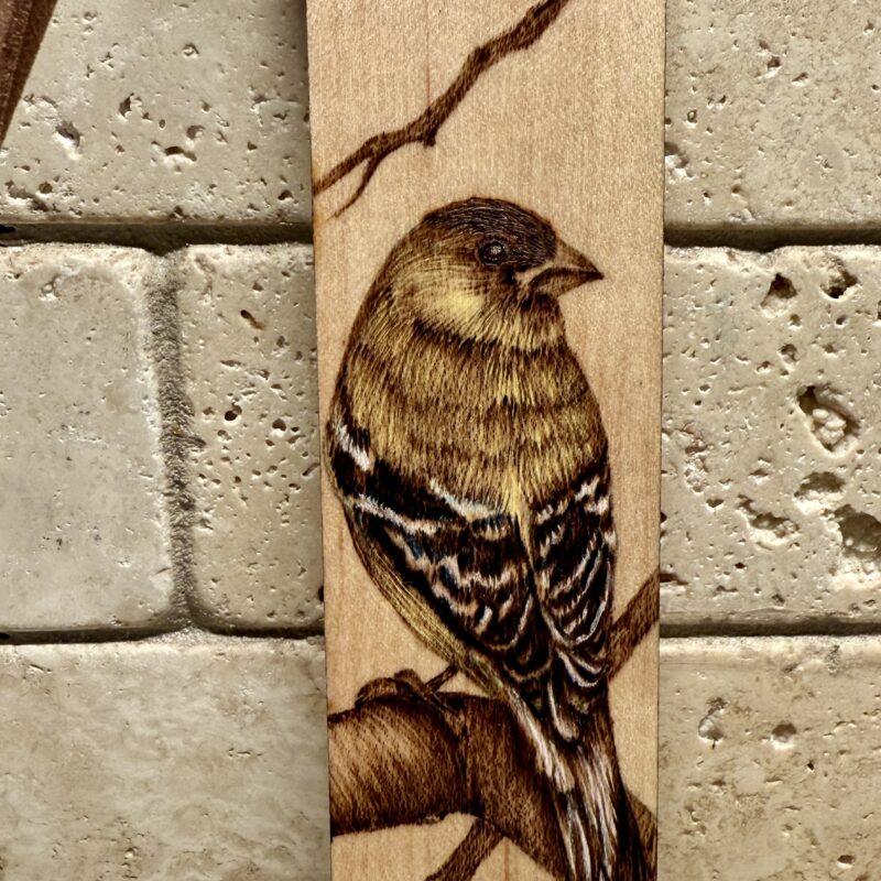 woodburned goldfinch bookmark, bird bookmark, goldfinch bookmark, pyrography art