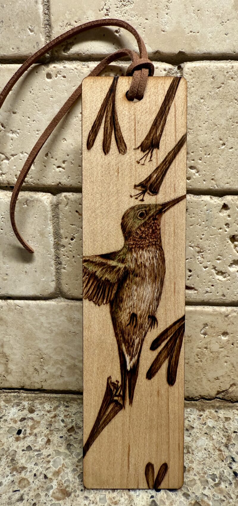 hummingbird art, pyrography art, hummingbird bookmark
