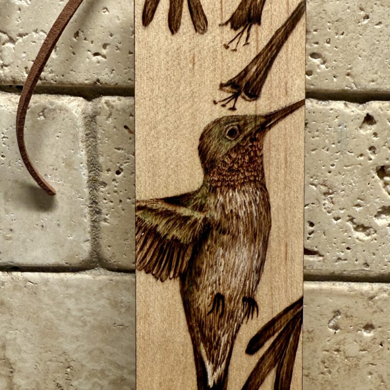 hummingbird art, pyrography art, hummingbird bookmark