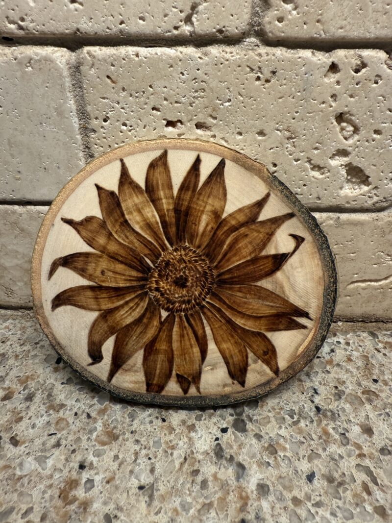 sunflower magnet, pyrography sunflower, woodburned sunflower
