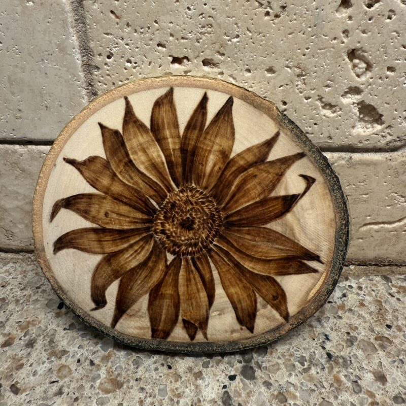 sunflower magnet, pyrography sunflower, woodburned sunflower