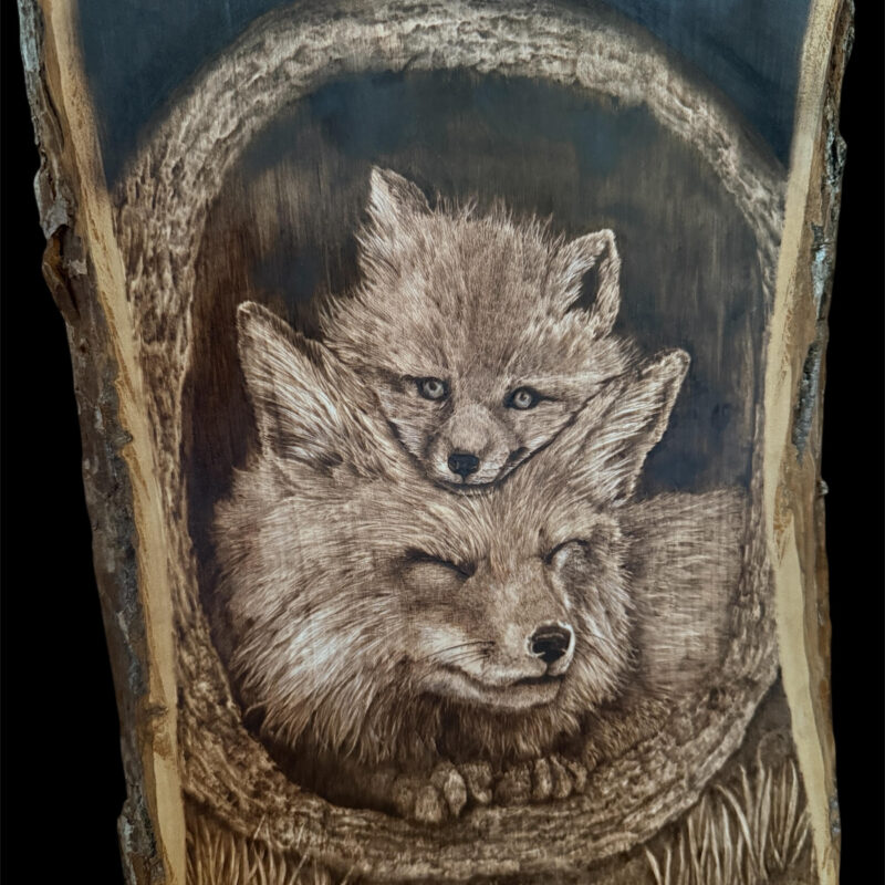 woodburned fox and kit